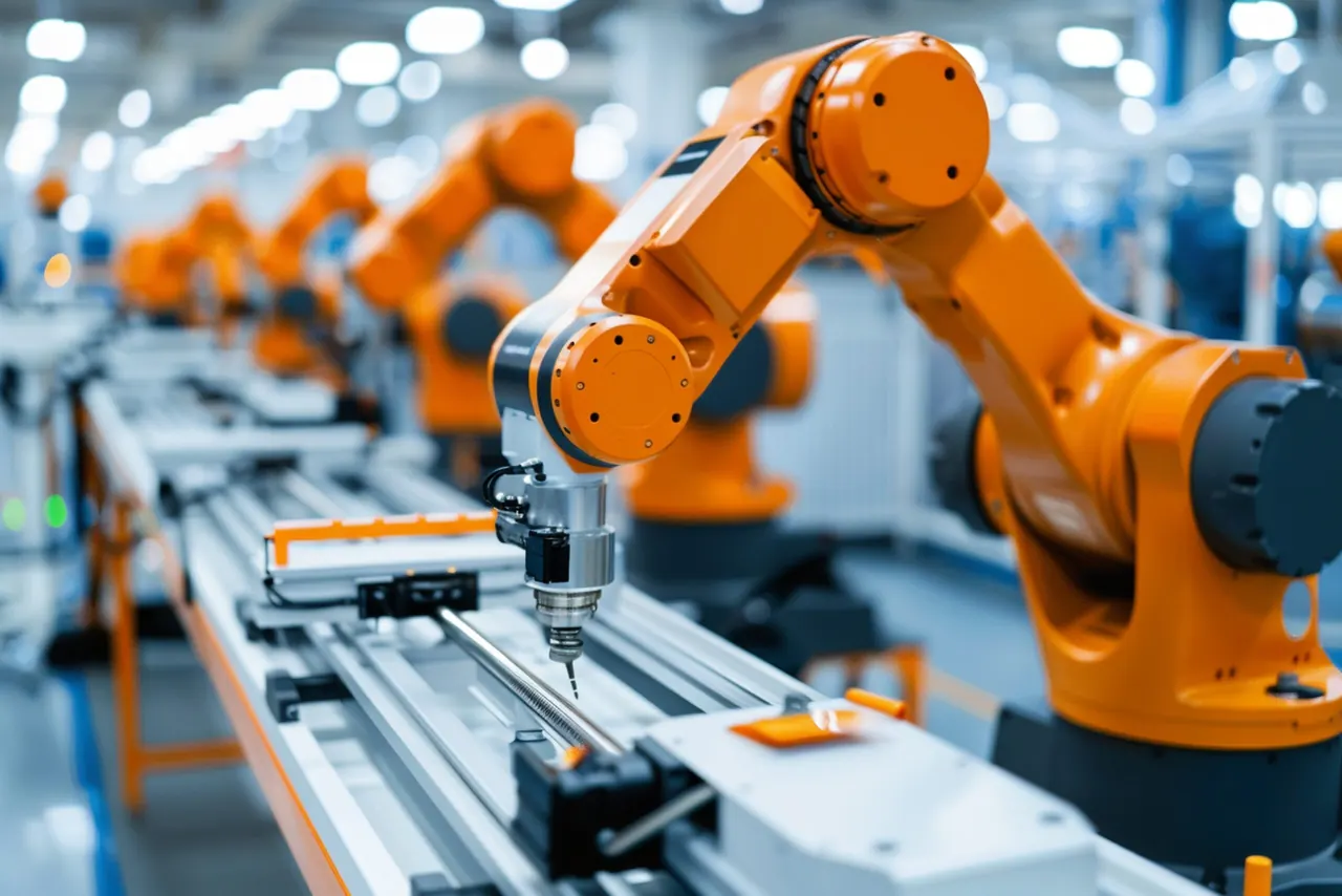 Üretim hattında çalışan endüstriyel robot kolları