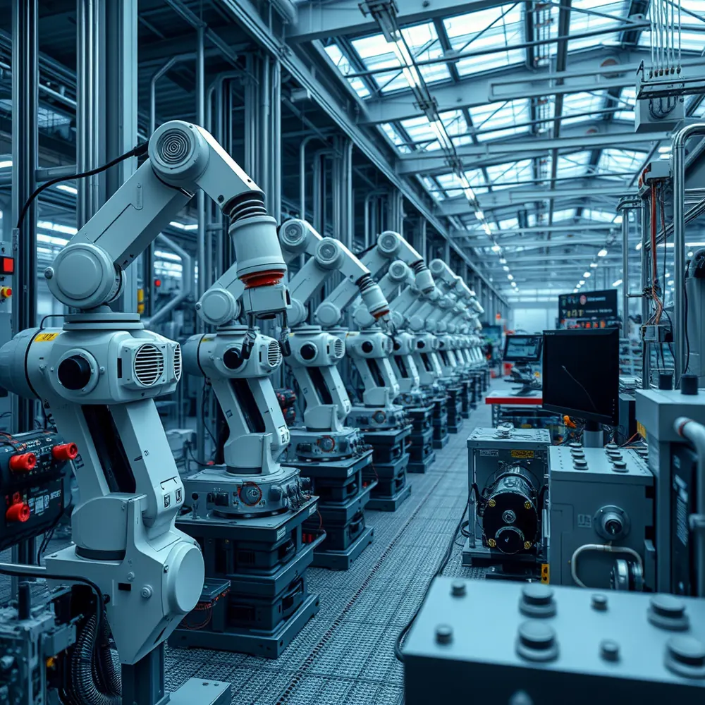 Robot kollarından oluşan otomatik üretim hattı